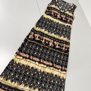 Elementz Maxi Dress Womens PS Black Tan Tribal Beaded V-Neck Sleeveless EUC
